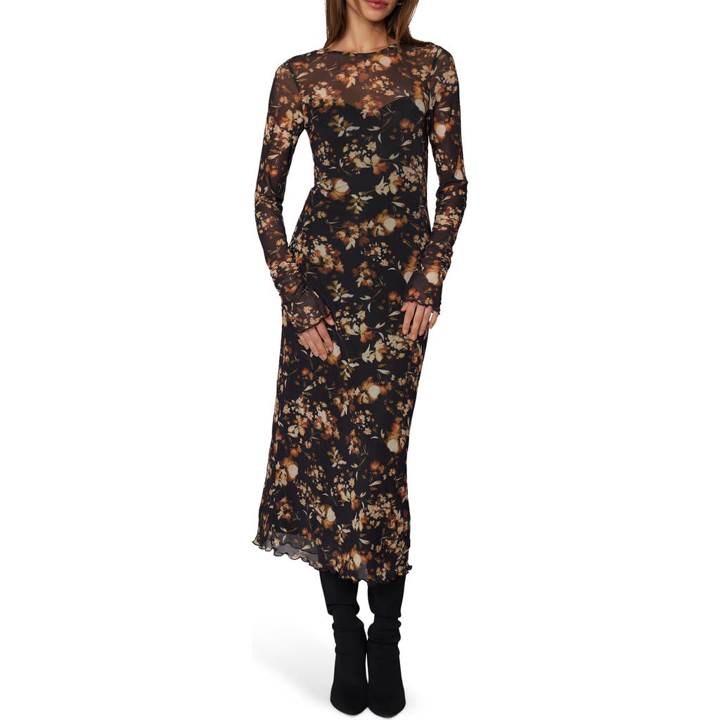Lost + Wander Moonlit Meadow Floral Print Long Sleeve Midi Dress In Black