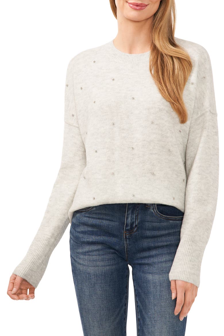 Rhinestone Embellished Crewneck Sweater, Main, color, SILVER HTHR