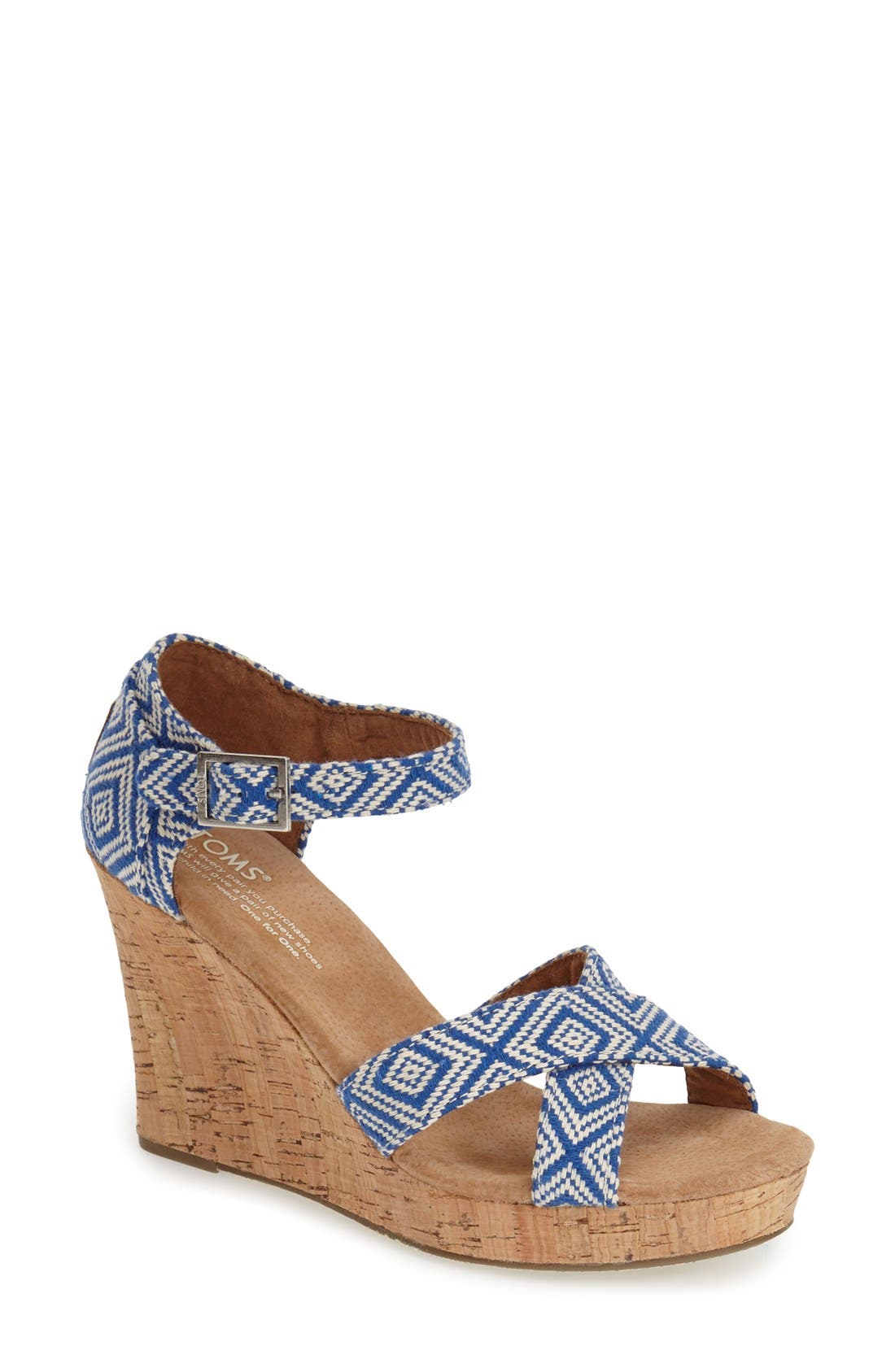 Canvas Woven Geometric Print Wedge Sandal, Main, color, INK BLUE