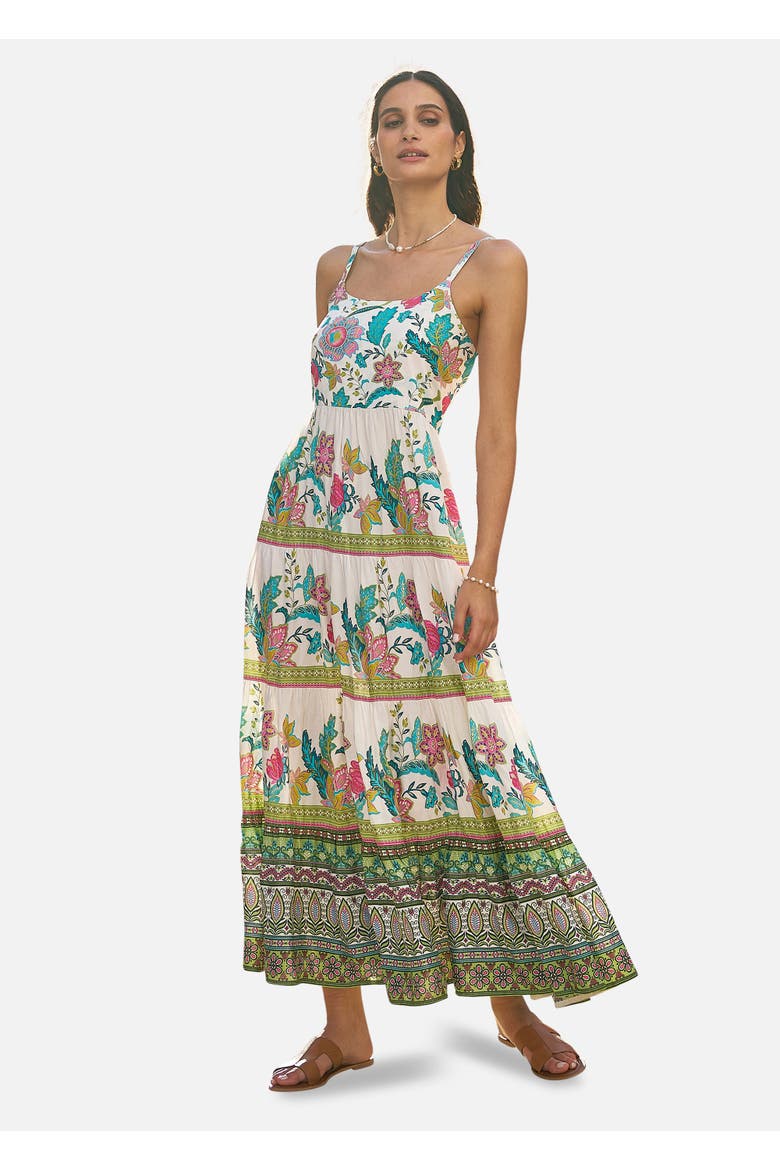 Floral Block Print Tiered Maxi Sun Dress, Main, color, Ivory