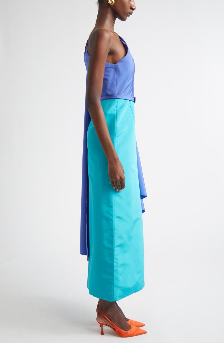 Carolina Herrera Colorblock Belted Silk Faille Gown with Detachable Cape Sleeve, Alternate, color, Turquoise Multi