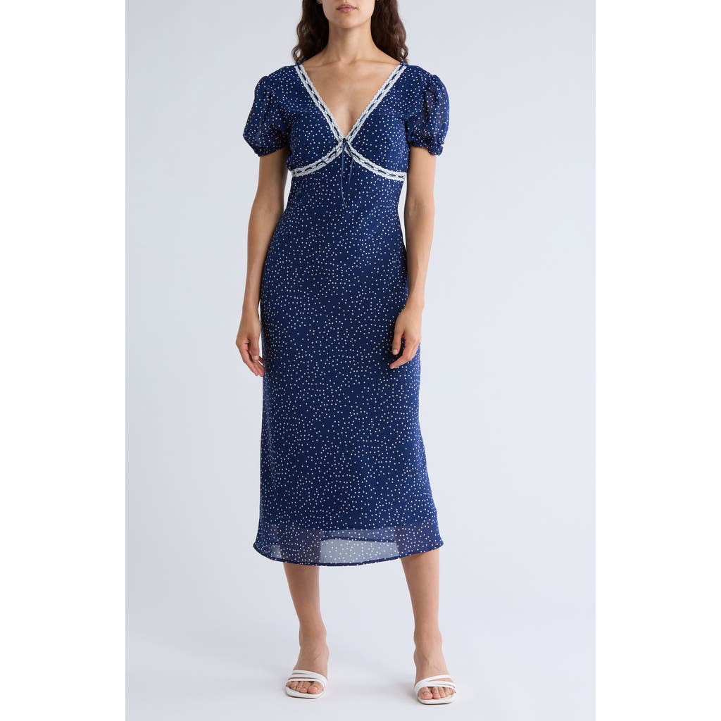 Lush Lace Trim Puff Sleeve Empire Waist Midi Dress In Blue