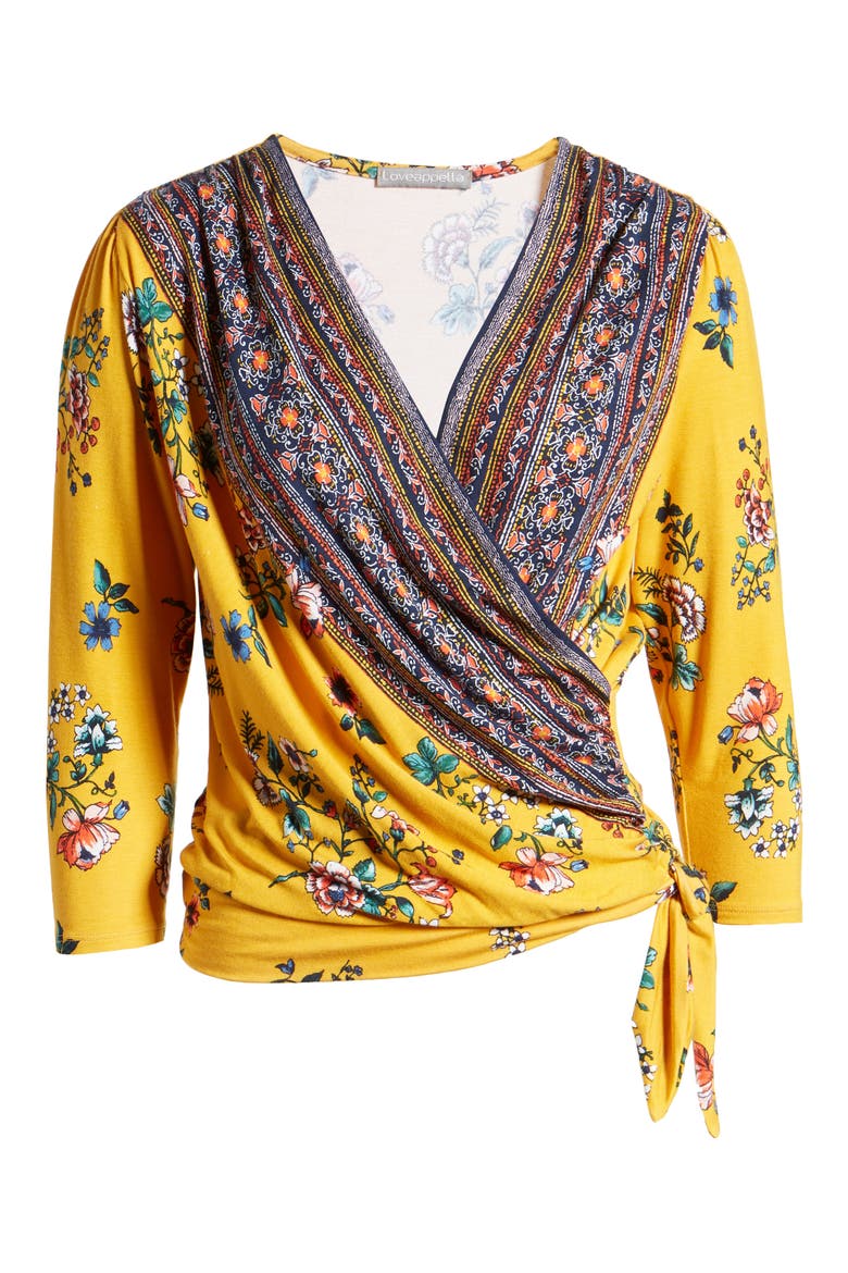 Faux Wrap Border Top, Alternate, color, MUSTARD/ NAVY