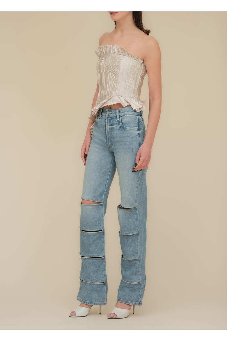 Arcana Slim-Fit Mid-Rise Leather-Trim Jeans, Alternate, color, Indigo