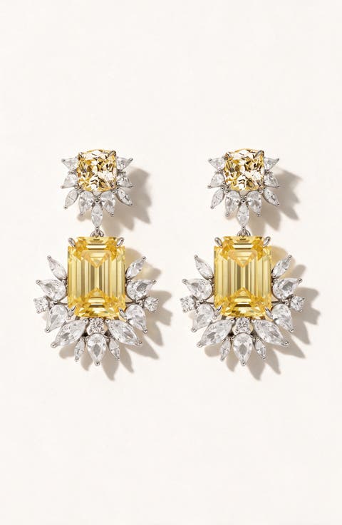 Crystal Rectangular Floral Halo Statement Dangle Drop Earrings