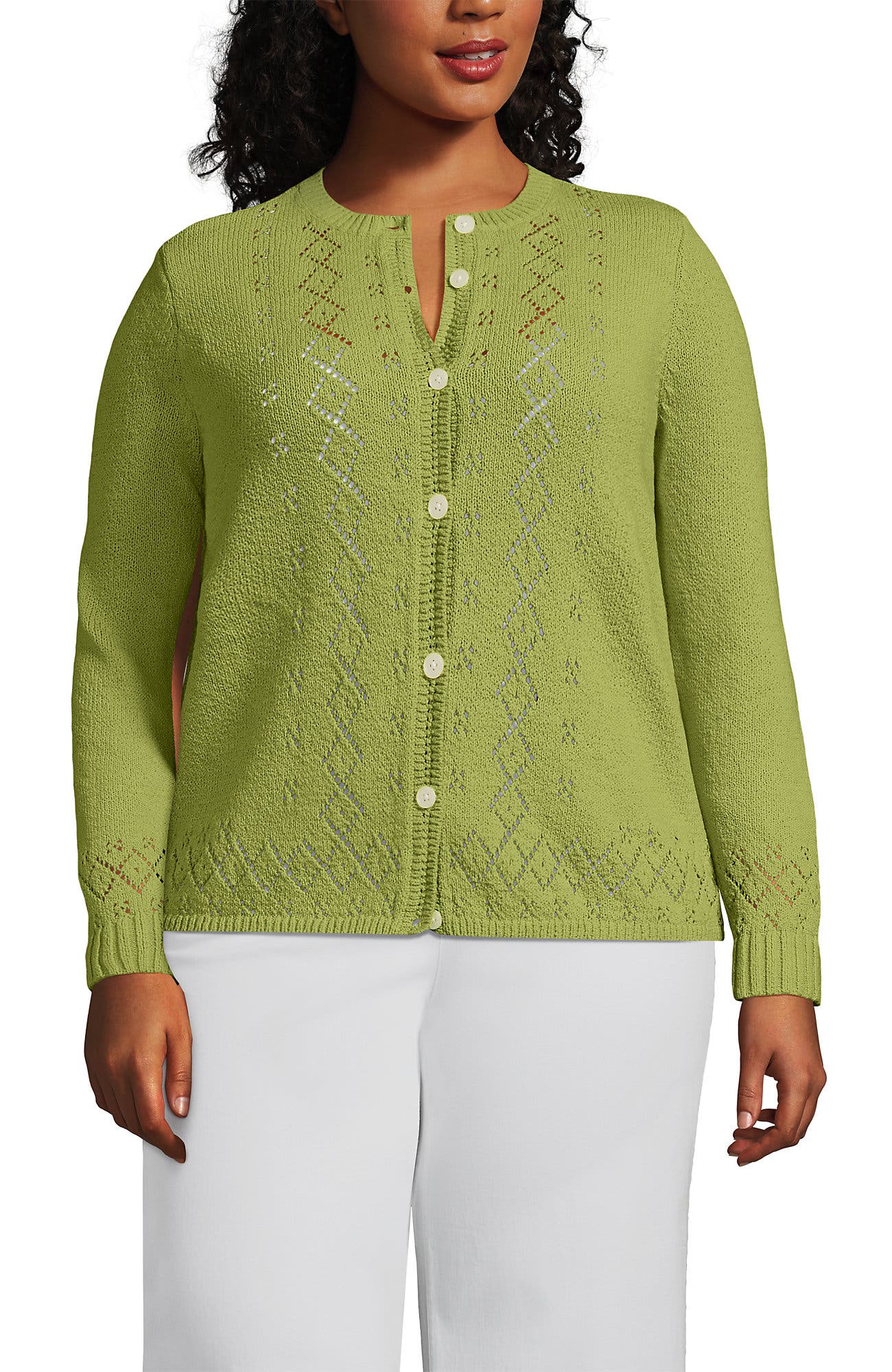 Plus Size Pointelle Crew Neck Cardigan Sweater