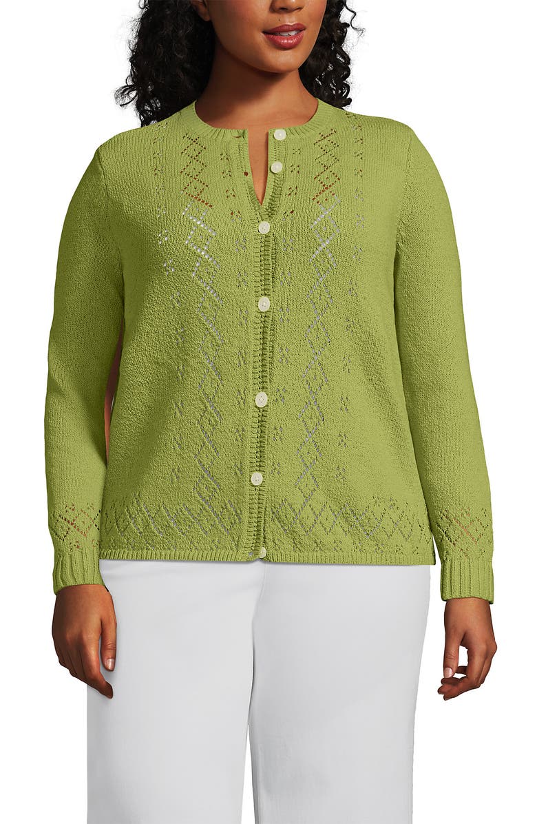 Lands' End Pointelle Crew Neck Cardigan Sweater, Main, color, Bright Pistachio