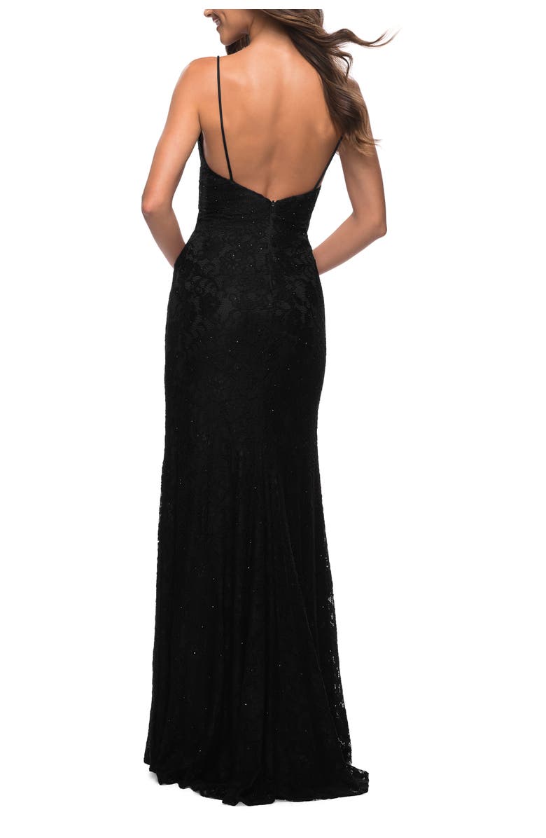 La Femme Gorgeous Jewel Tone Tulle and Lace Mermaid Gown, Alternate, color, Black