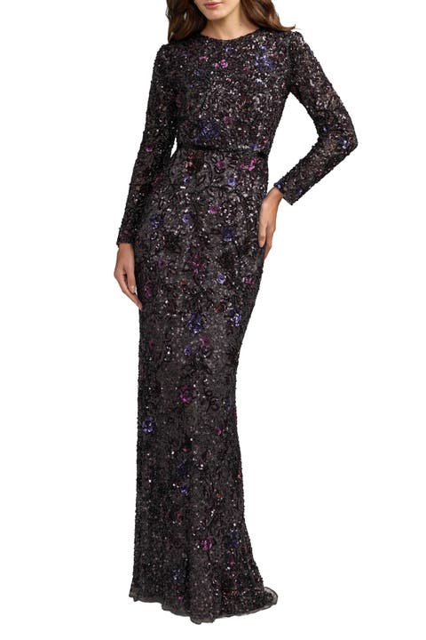 Floral Embellished Long Sleeve Evening Gown