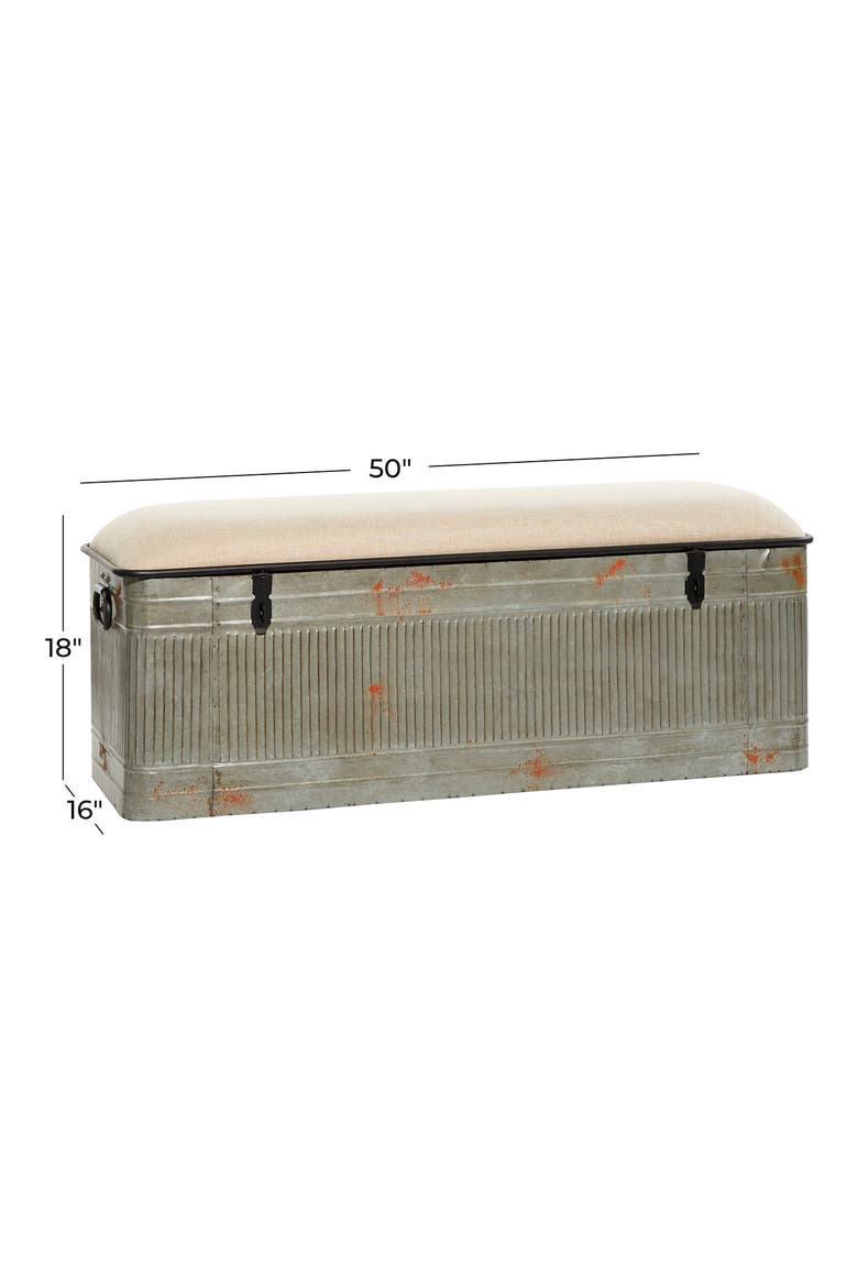 Gray Metal Galvanized Storage Bench with Cream Burlap Top, Alternate, color, GREY
