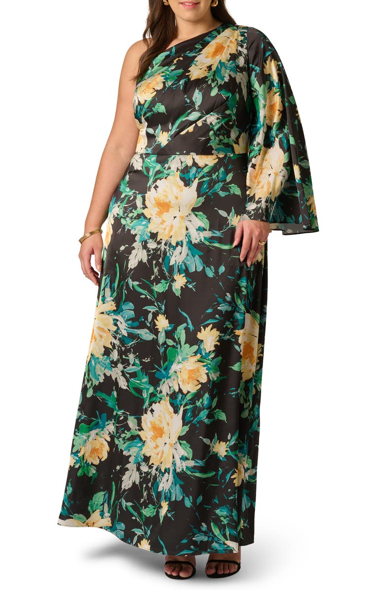 Adrianna Papell Floral Print One-Shoulder Gown, Main, color, Black Multi