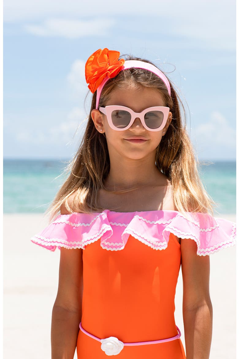 Kids' Off Shoulder Crochet Flower Belt One-Piece Swimsuit, Alternate, color, Orange-Pink