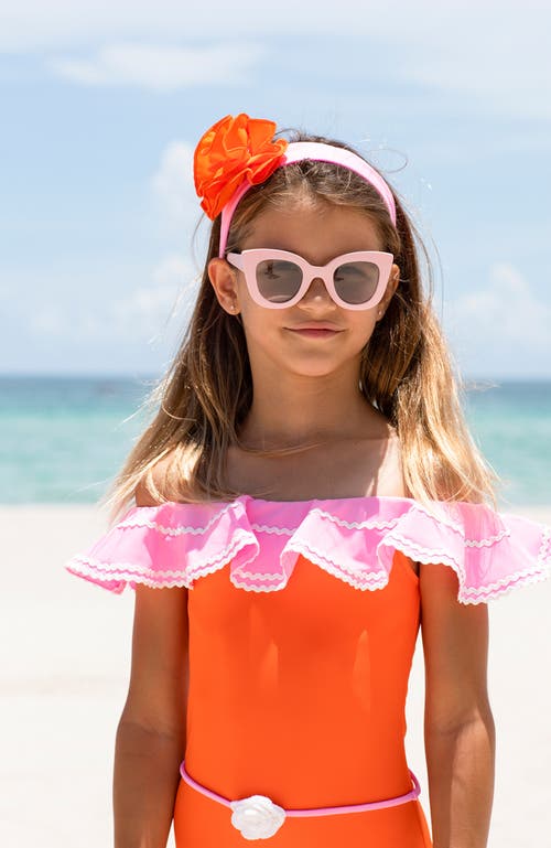 Nessi Byrd Kids' Off Shoulder Crochet Flower Belt One-piece Swimsuit