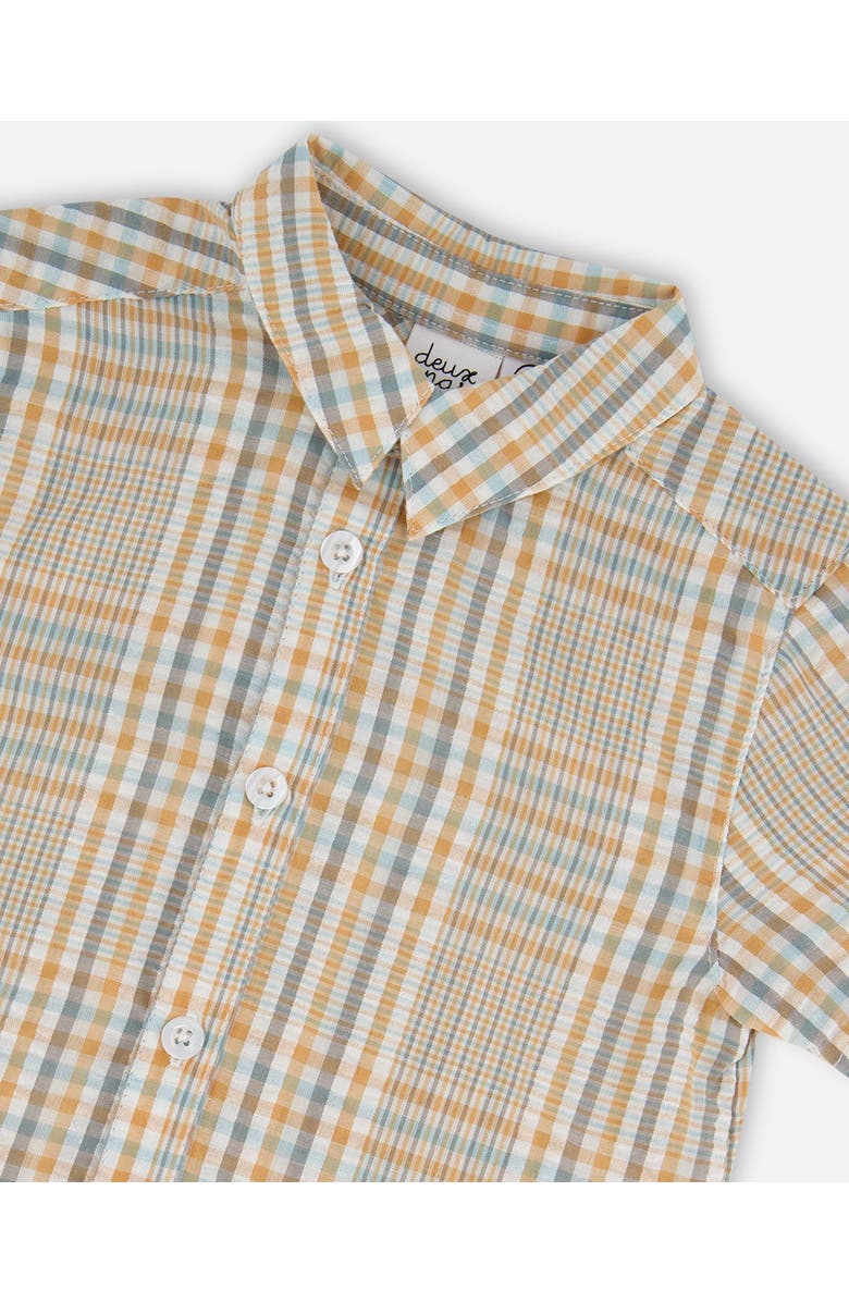 Deux par Deux Little Boy's Short Sleeve Button Down Shirt Beige And Sage Plaid, Alternate, color,