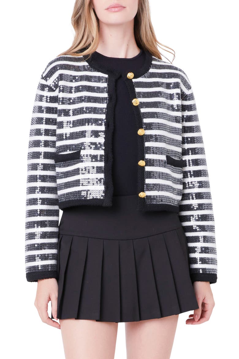 Sequin Stripe Cardigan, Alternate, color, BLACK/ IVORY