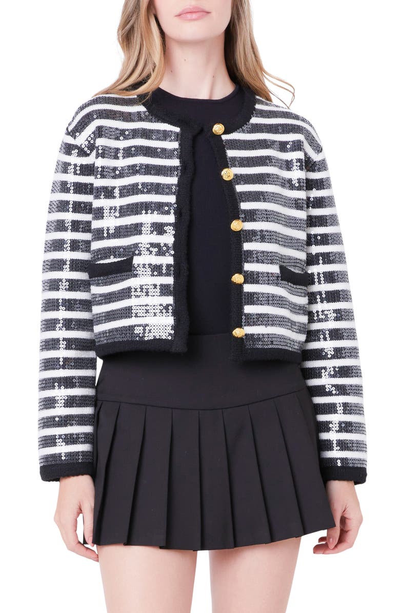 English Factory Sequin Stripe Cardigan, Alternate, color, Black/ Ivory
