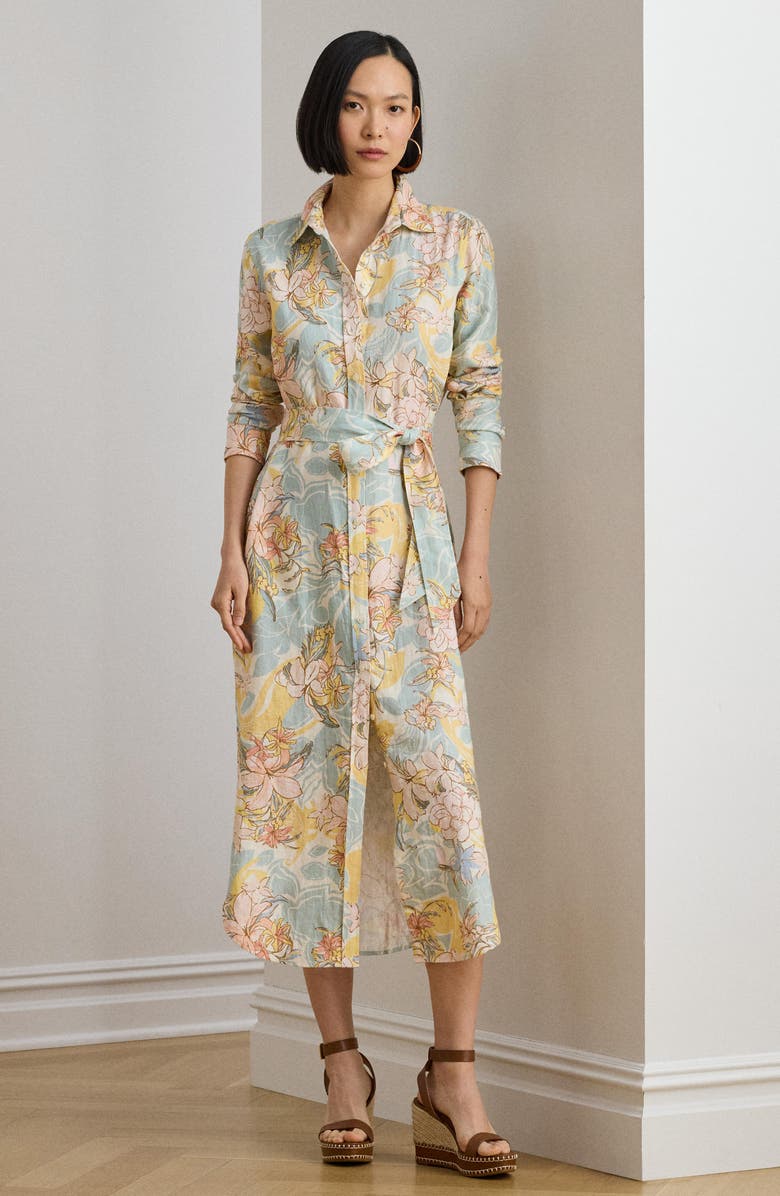 Lauren Ralph Lauren Floral Long Sleeve Linen Midi Shirtdress, Alternate, color, Cream/ Blue Multi
