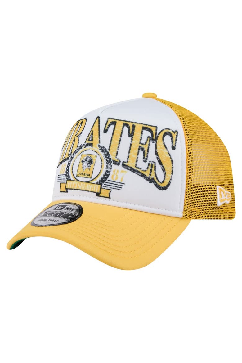 Men's New Era White/Gold Pittsburgh Pirates Distressed 9FORTY A-Frame Adjustable Trucker Hat, Main, color, White