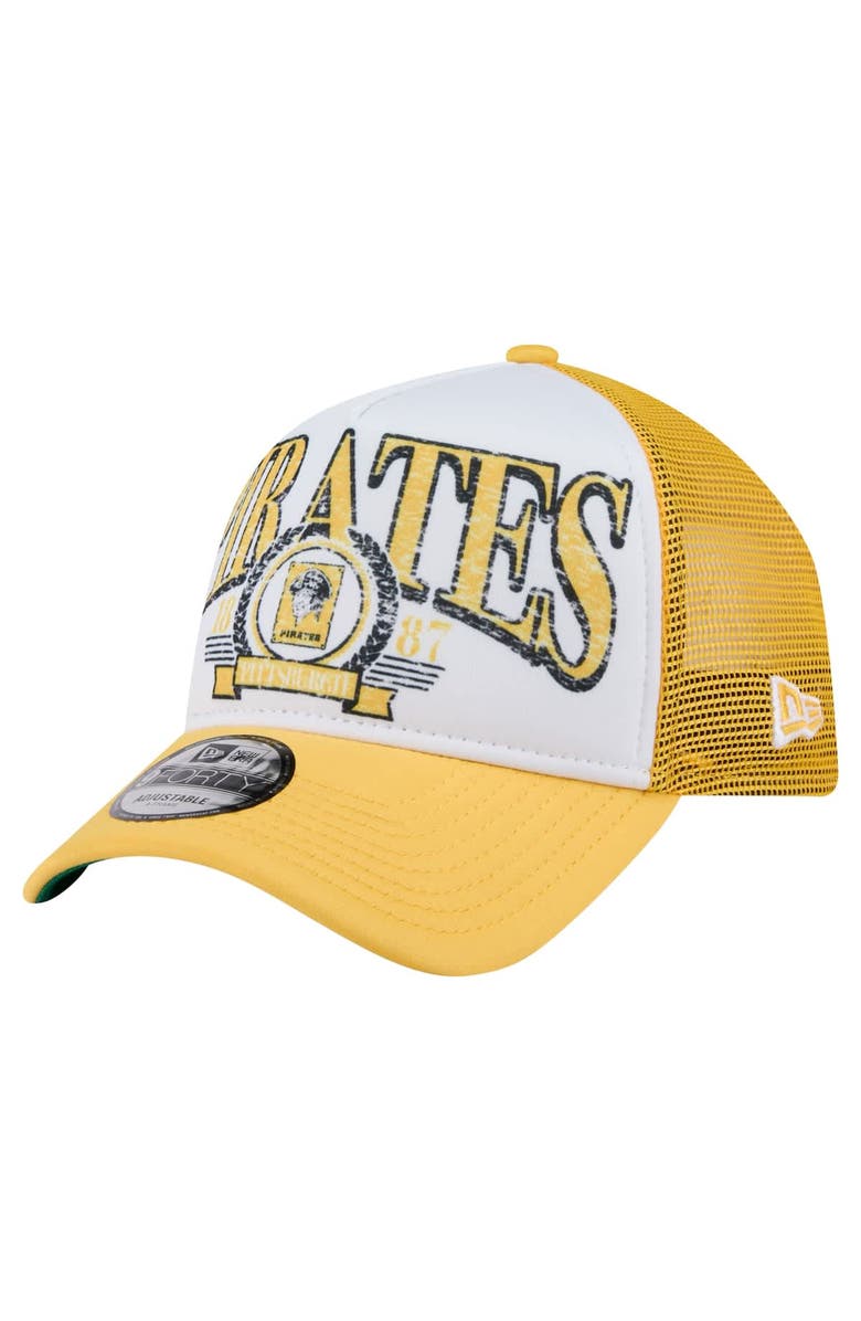 New Era Men's New Era White/Gold Pittsburgh Pirates Distressed 9FORTY A-Frame Adjustable Trucker Hat, Main, color, White