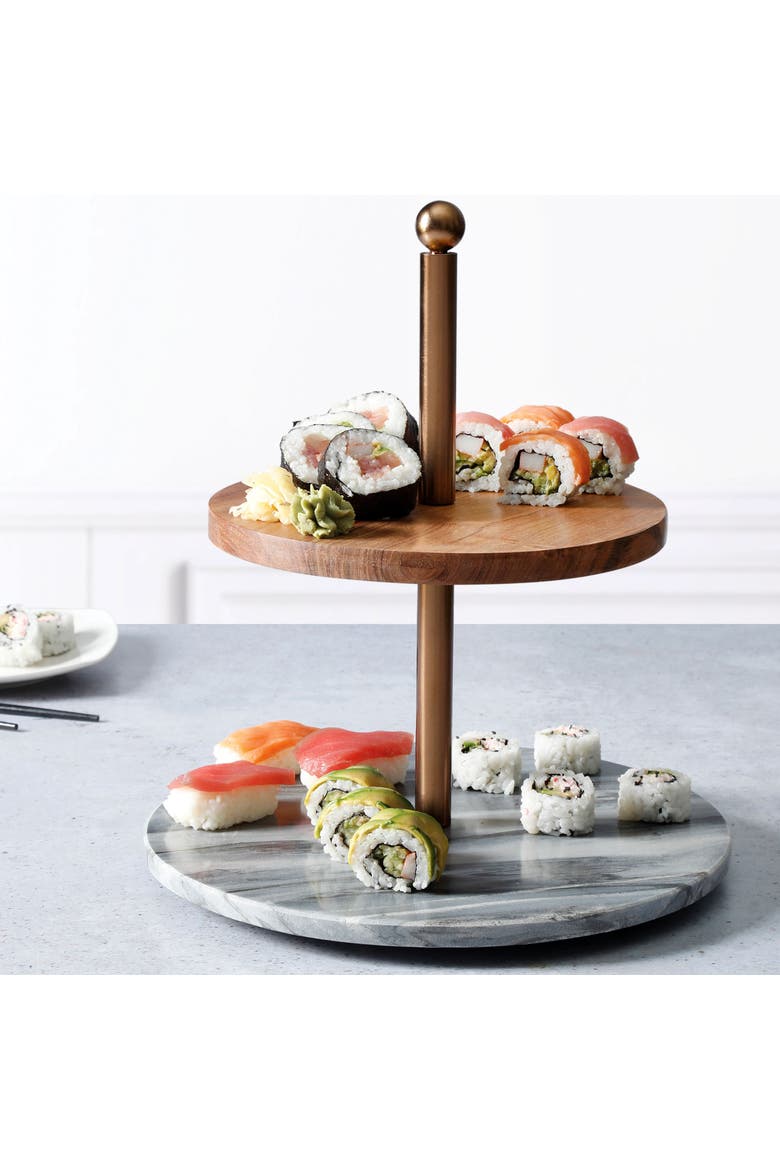 California Designs Marble and Acacia Wood 2 Tier Server, Alternate, color, Grey and Brown