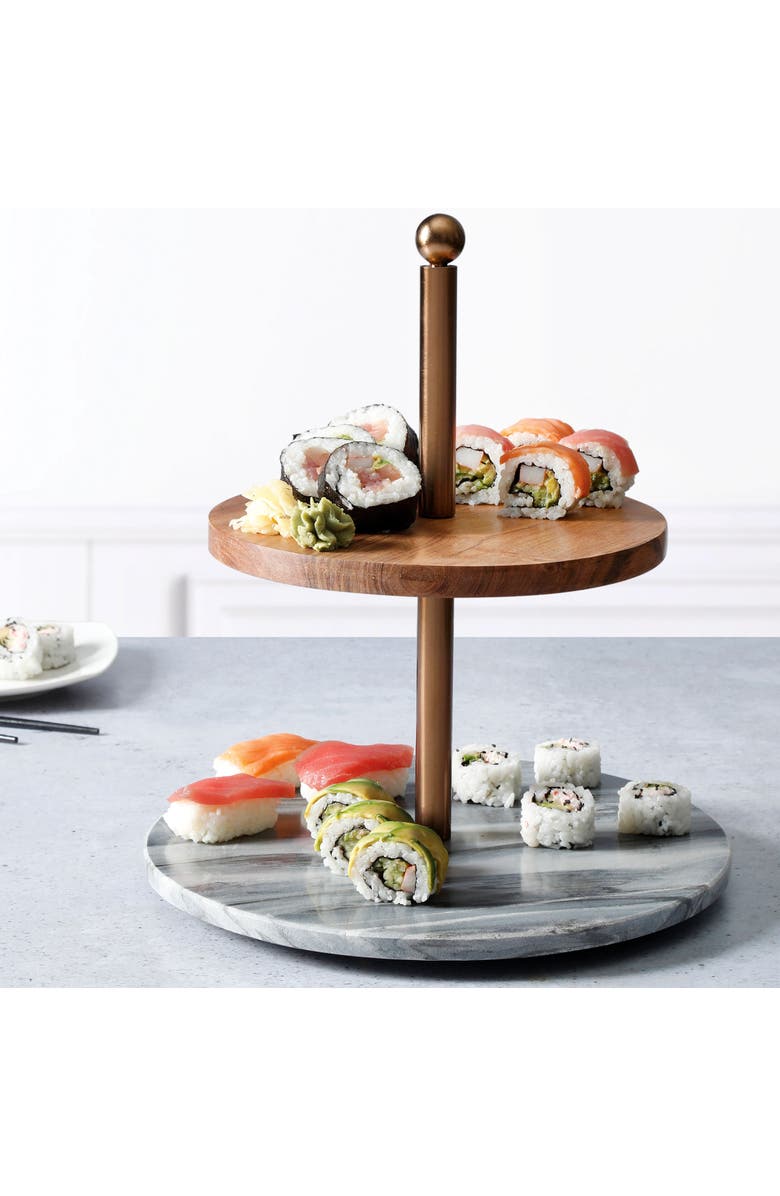 Laurie Gates California Designs Marble and Acacia Wood 2 Tier Server, Alternate, color, Grey And Brown
