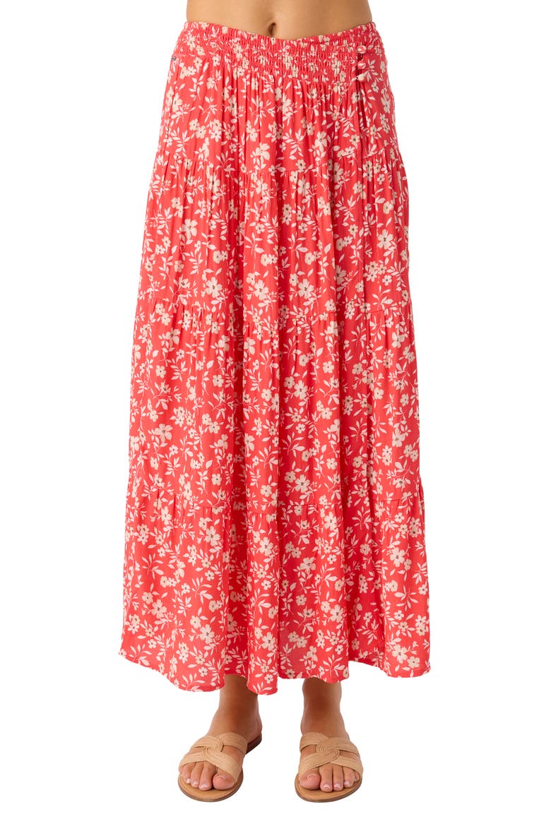 Luciana Floral Smocked Waist Wrap Maxi Skirt, Alternate, color, CAYENNE