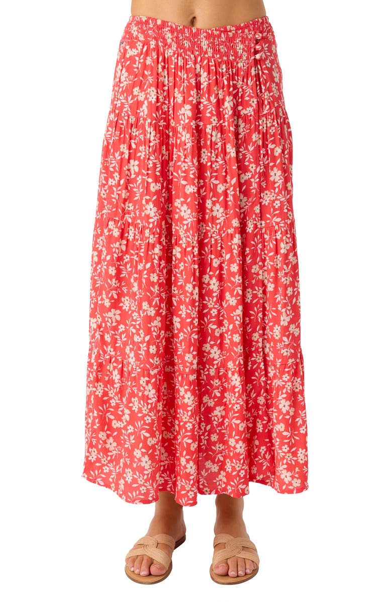 O'Neill Luciana Floral Smocked Waist Wrap Maxi Skirt, Alternate, color, Cayenne