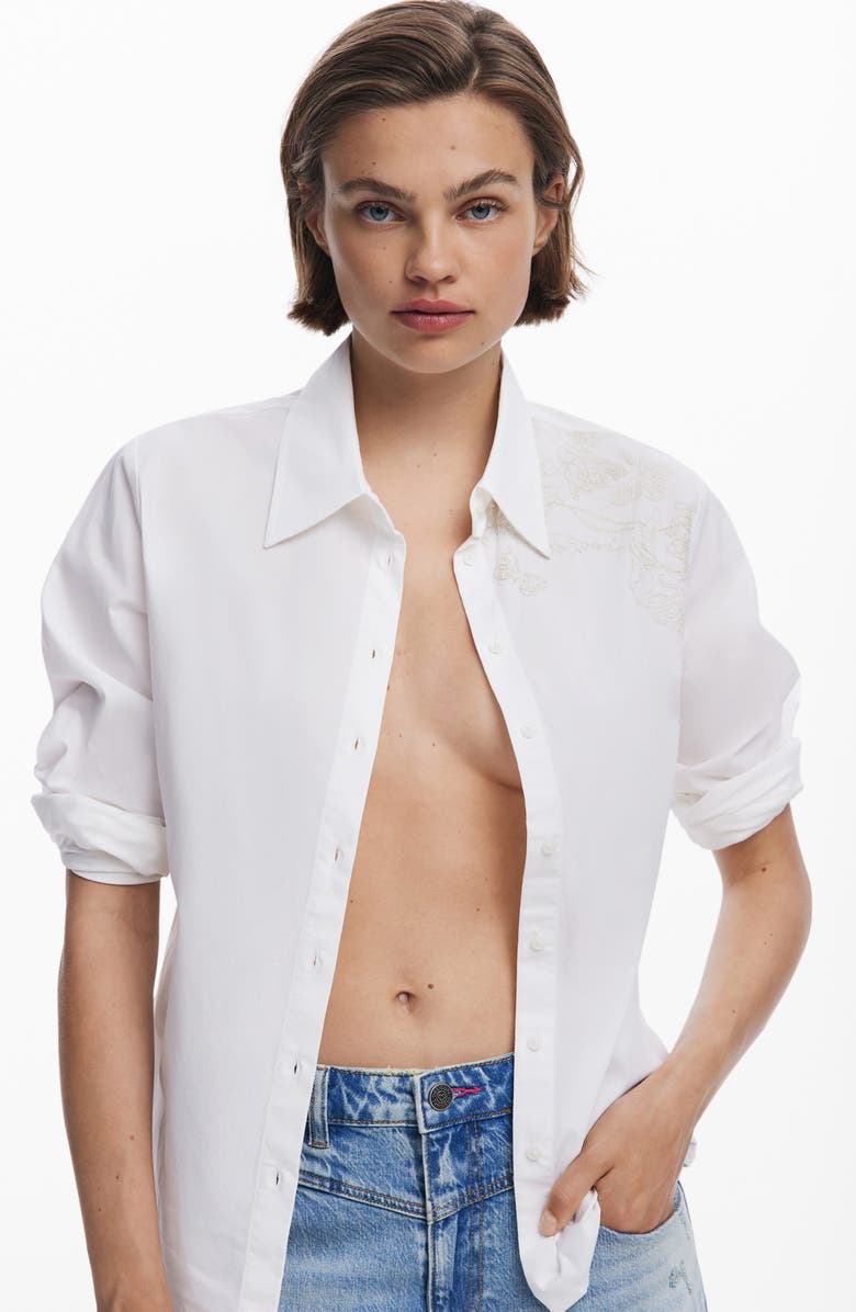 Desigual Embroidered Long Sleeve Stretch Cotton Button-Up Shirt, Alternate, color, White/ Light Beige