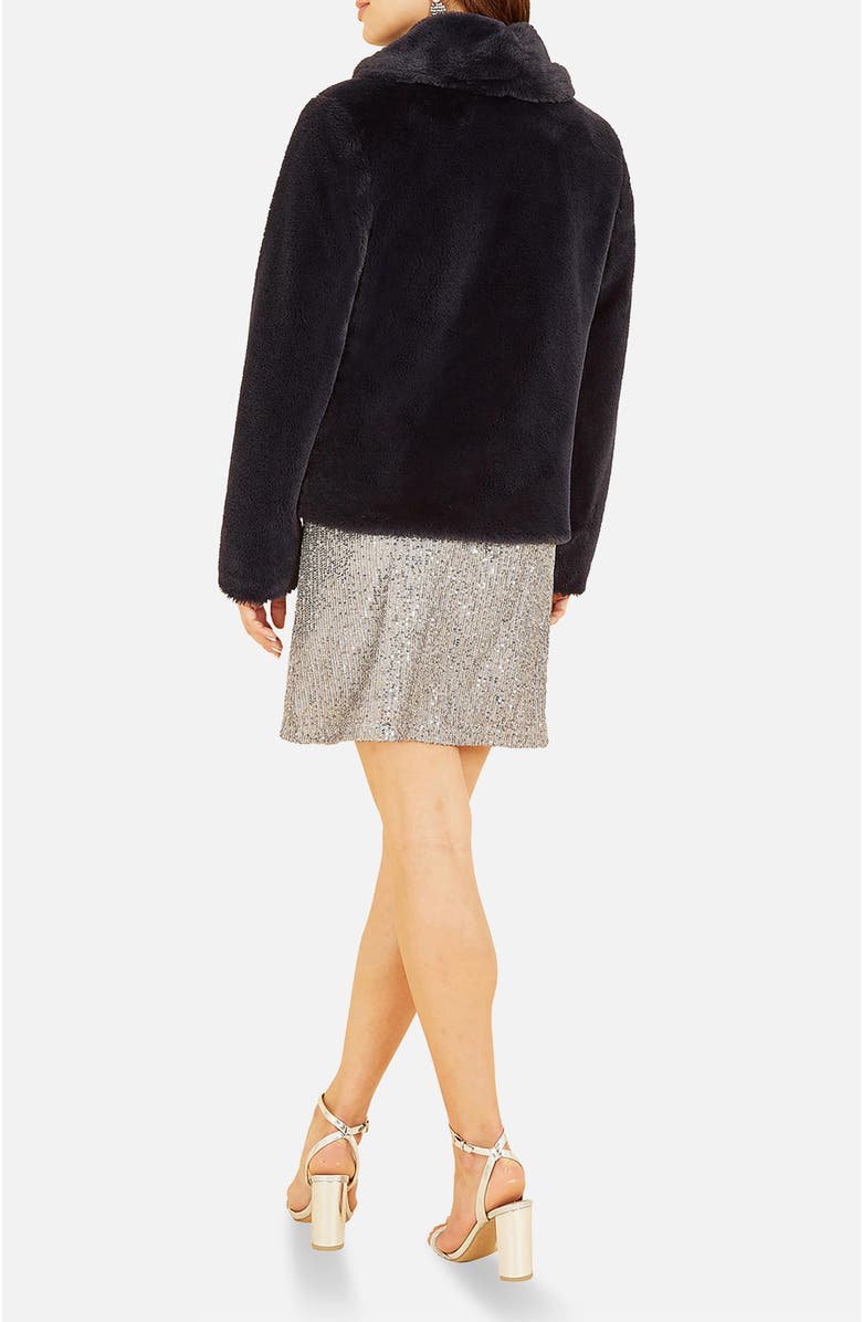 Yumi Short Wrap Faux Fur Coat, Alternate, color, Black