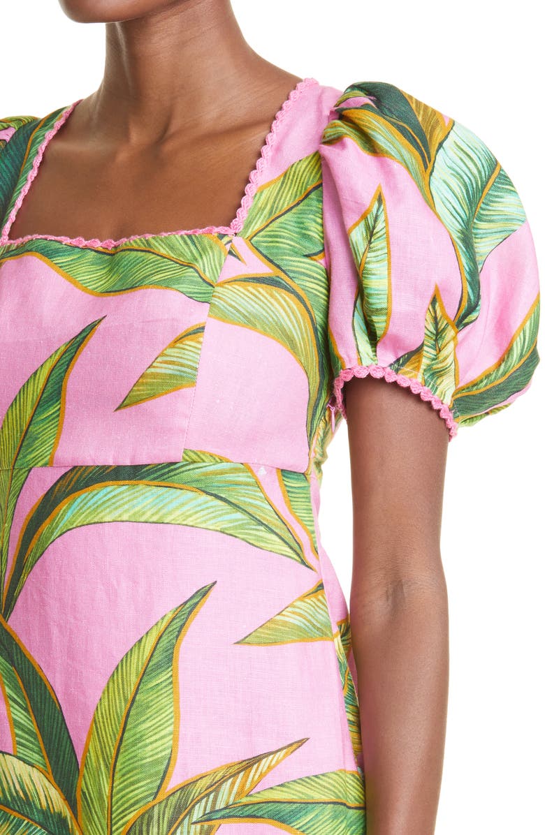 FARM Rio Pink Foliage Cross Back Linen Midi Dress, Alternate, color, 