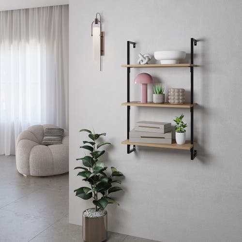 Happimess Madera Classic Industrial Shelf Wood Wall-mounted Open Ladder Bookcase With Metal Frame In Light Oak