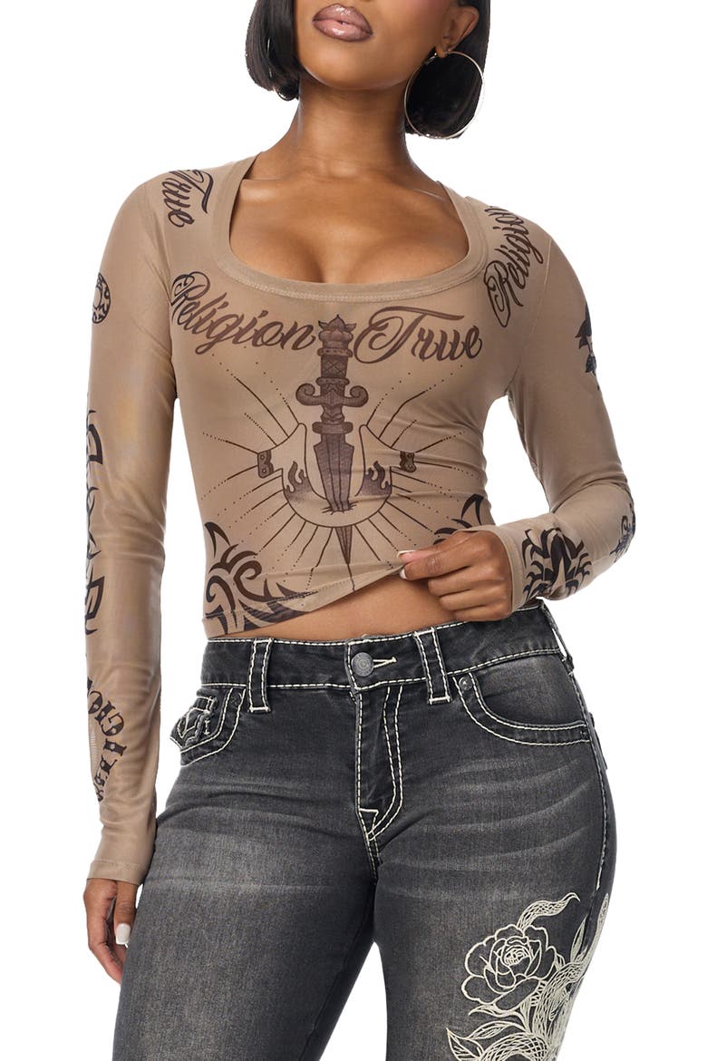 Tattoo Scoop Neck Long Sleeve Top, Main, color, SILVER MINK