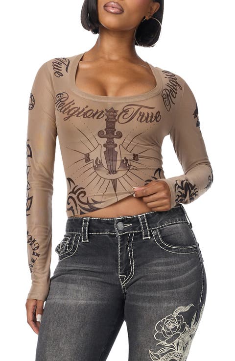 Tattoo Scoop Neck Long Sleeve Top
