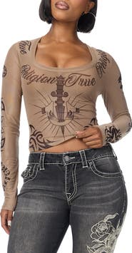True Religion Tattoo Scoop Neck Long Sleeve Top