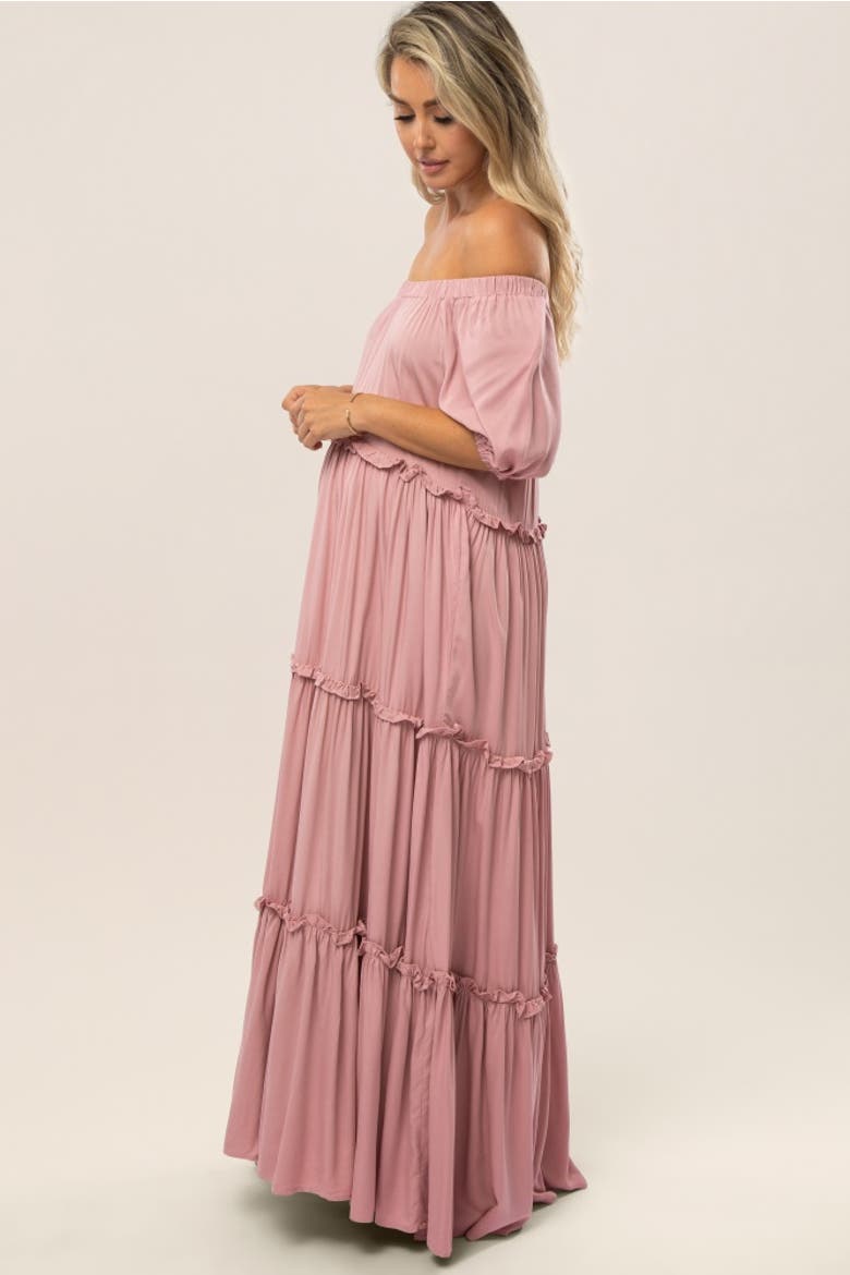 Off Shoulder Ruffle Tiered Maxi Dress, Alternate, color, Mauve
