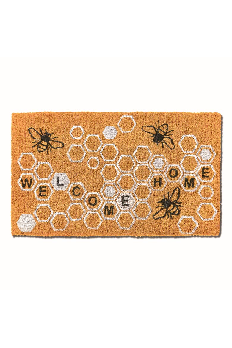 Welcome Home Honeycomb Bee Coir Door Mat Yellow Indoor Outdoor, Main, color, Yellow