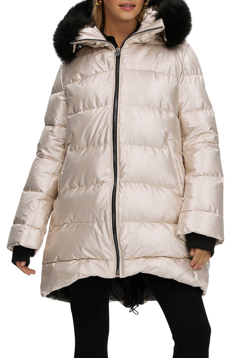 GORSKI Apres-Ski Horizontal Long Coat with Detachable Genuine Shearling Hood Trim, Main, color, Gold/Black