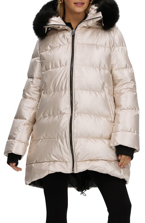 Apres-Ski Horizontal Long Coat with Detachable Genuine Shearling Hood Trim