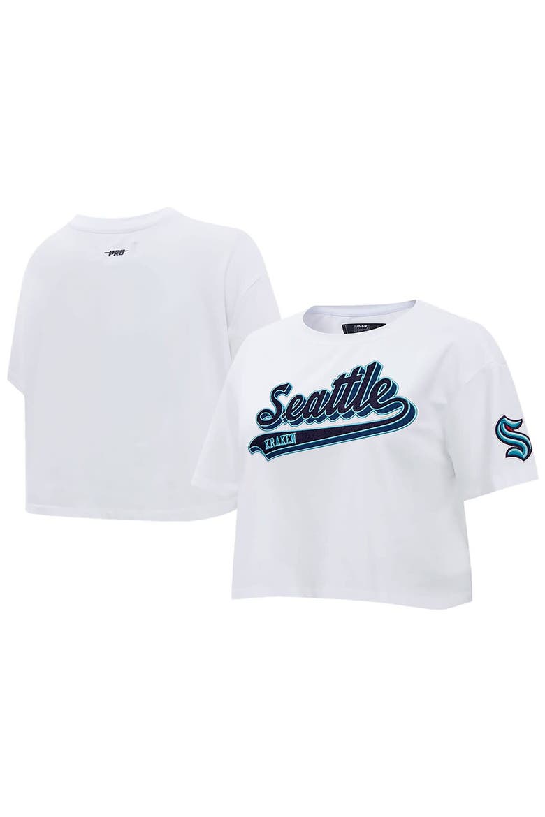 Women's Pro Standard White Seattle Kraken Boxy Script Tail Cropped T-Shirt, Main, color, White