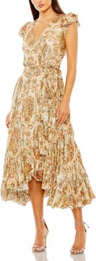 Mac Duggal Flutter Sleeve Floral Wrap Midi Dress