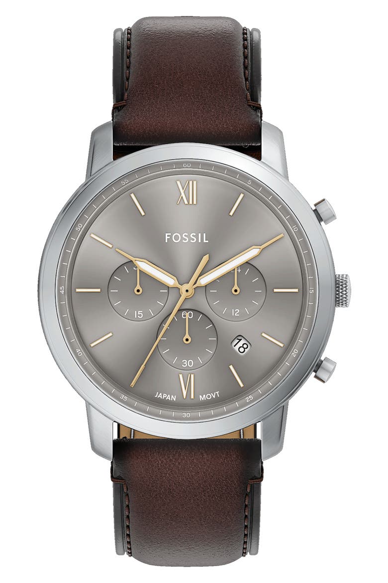 Neutra Chronograph Leather Strap Watch, 44mm, Main, color, BROWN/ GREY