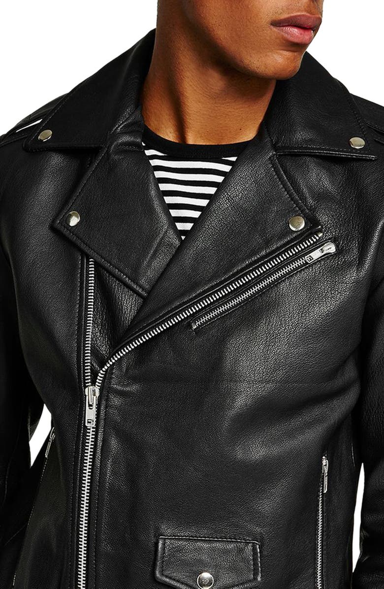Topman Oversize Leather Biker Jacket, Alternate, color, 