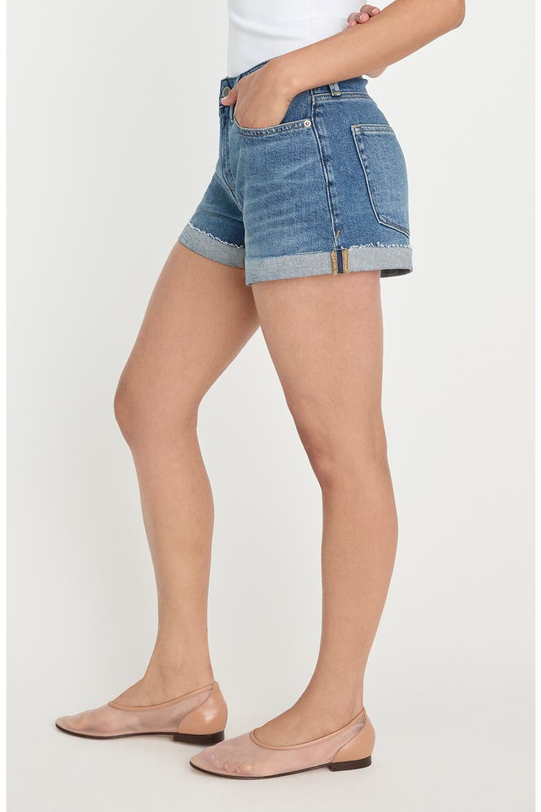 Good Girlfriend Raw Hem Denim Shorts, Alternate, color, INDIGO