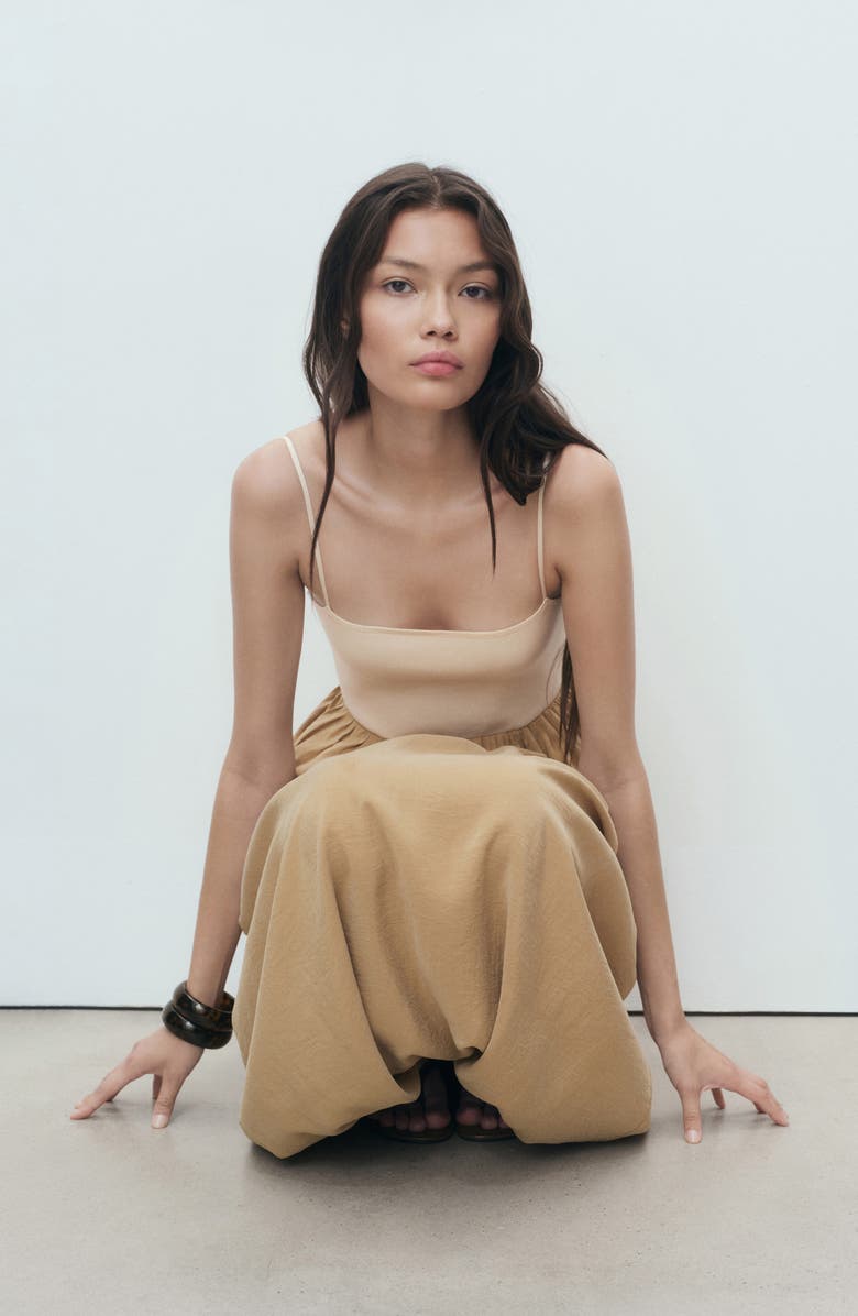 MANGO Mixed Media Bubble Hem Midi Dress, Alternate, color, Medium Brown