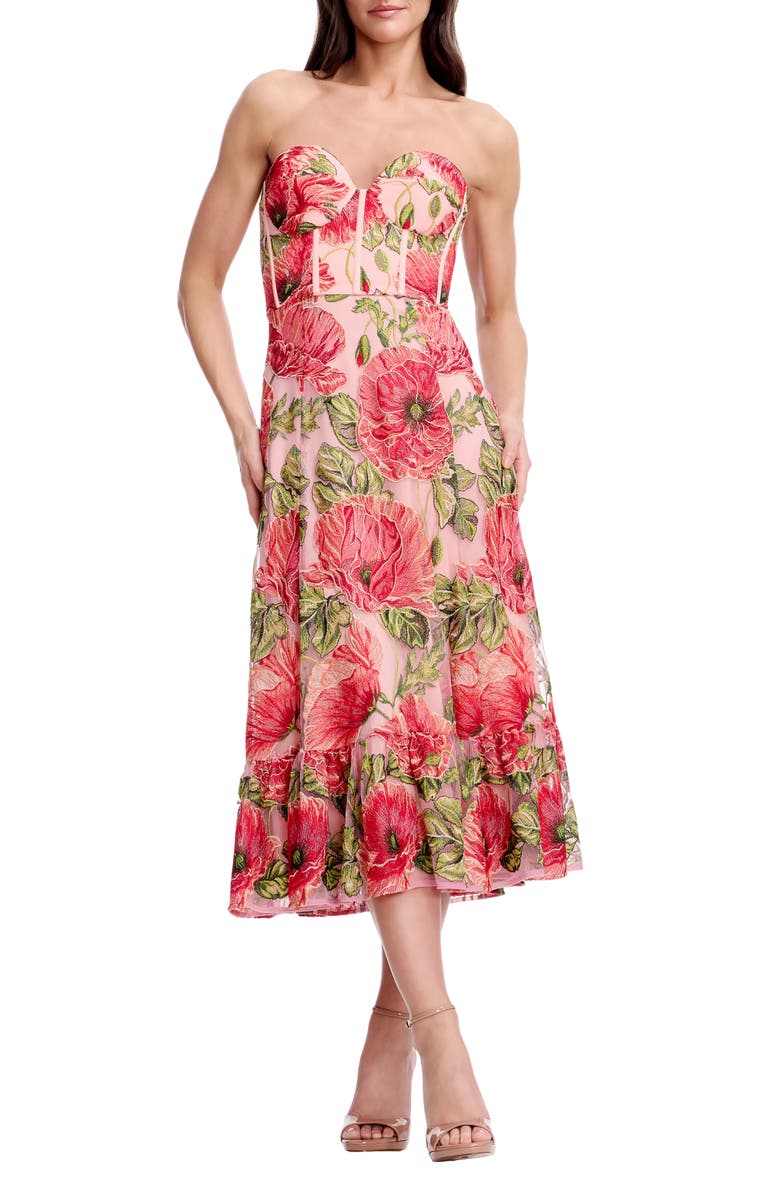 Dress the Population Carina Floral Embroidered Strapless Cocktail Dress, Main, color, Peach Multi