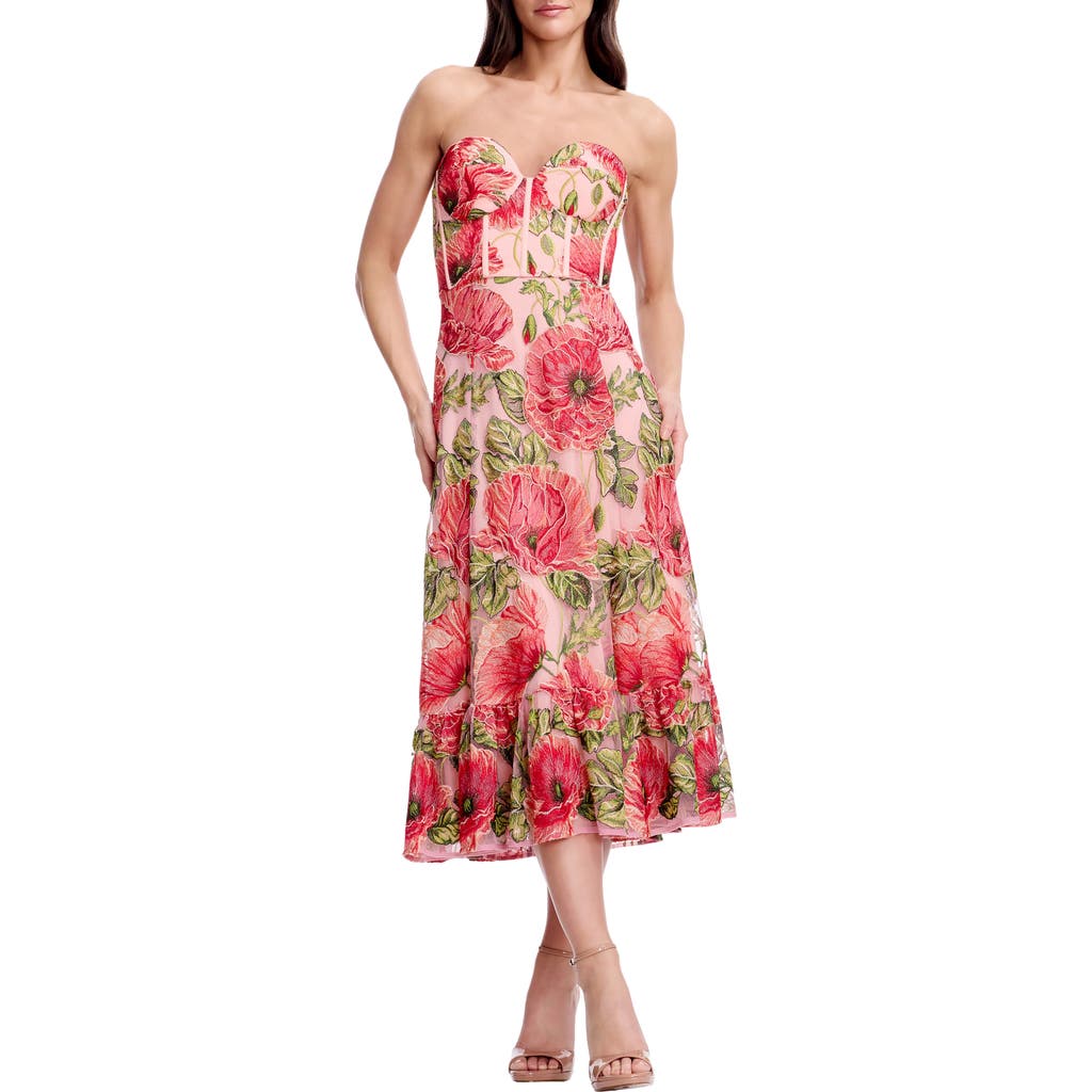 Dress the Population Carina Floral Embroidered Strapless Cocktail Dress in Peach Multi at Nordstrom, Size Medium