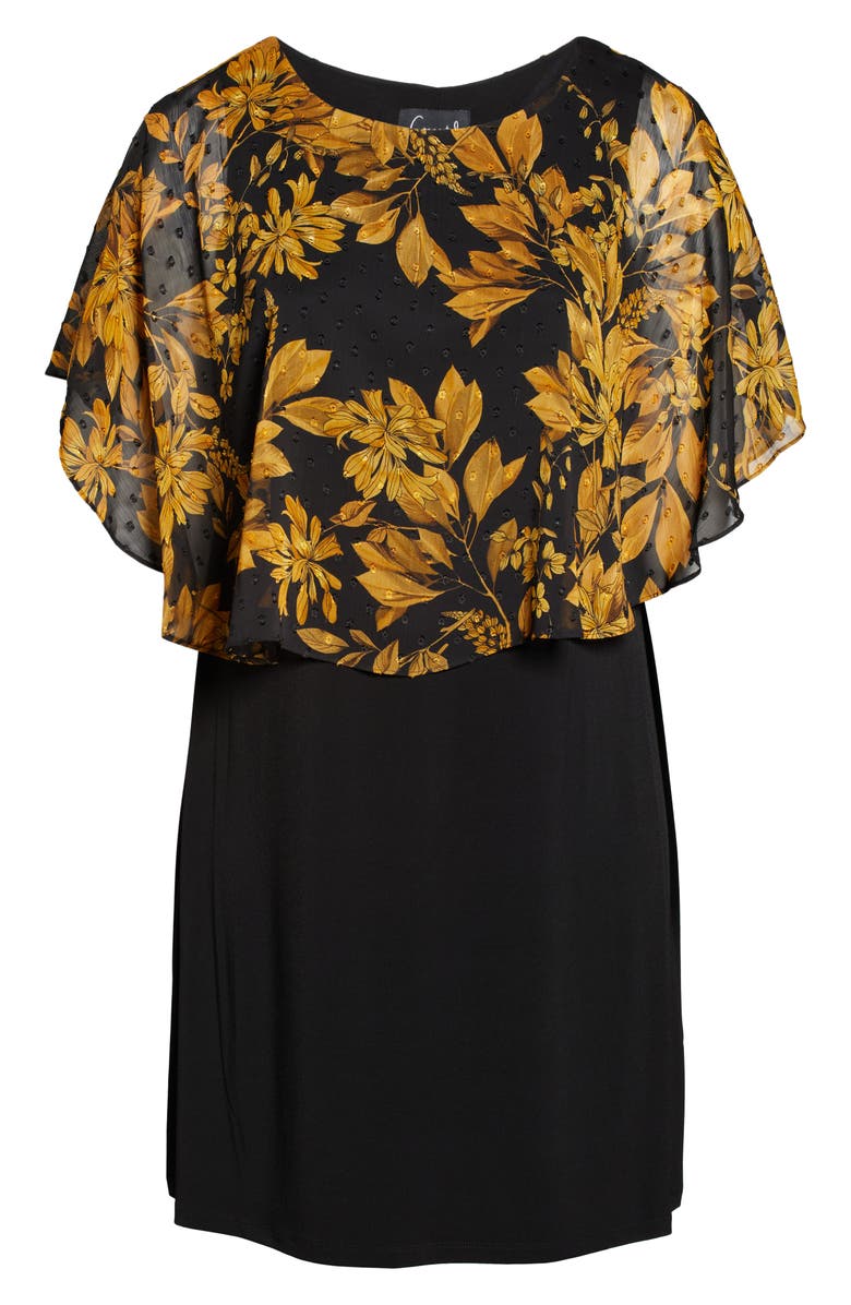 Connected Apparel Floral Cape Overlay Sheath Dress, Alternate, color, Mustard