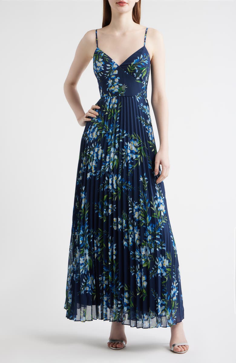 Julia Jordan Floral Pleated Gown, Main, color, Navy Multi