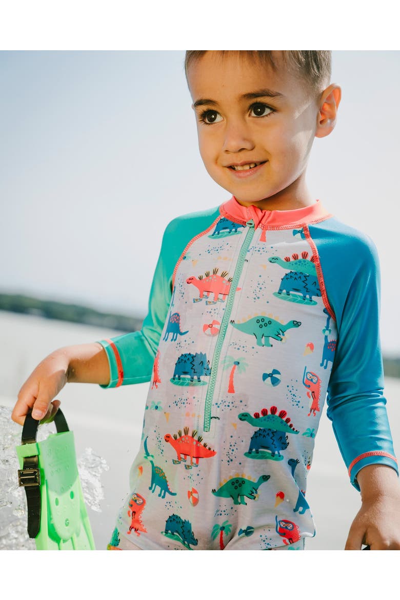 One-Piece Long Sleeve Dinosaur Rashguard, Alternate, color, Grey Printed Baby Dinosaurs