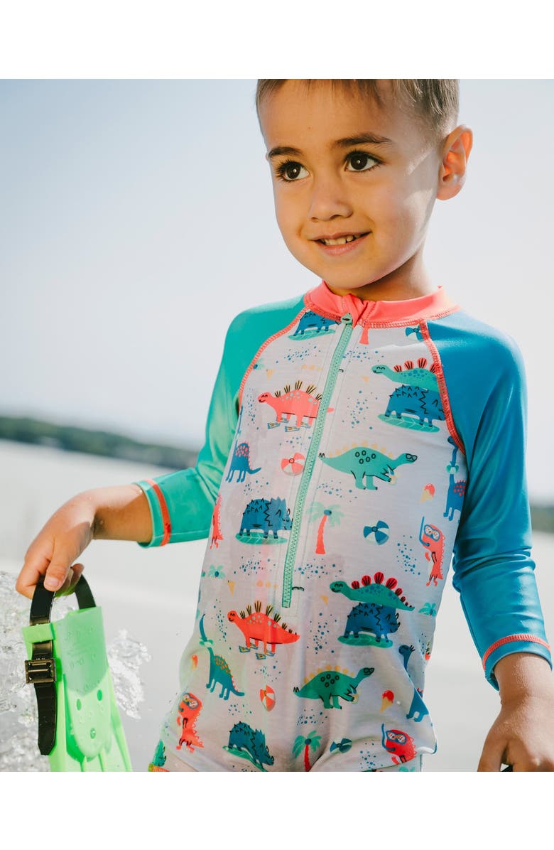 Deux par Deux One-Piece Long Sleeve Dinosaur Print Rashguard, Alternate, color, Grey Printed Baby Dinosaurs